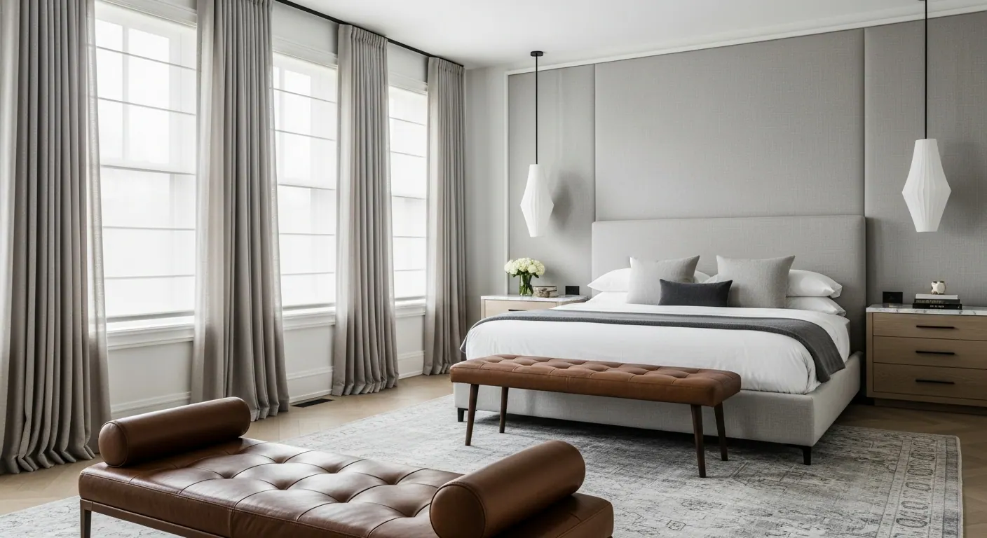 Luxury primary suite bedroom interior, representative of homes in Cherry Creek, Colorado.