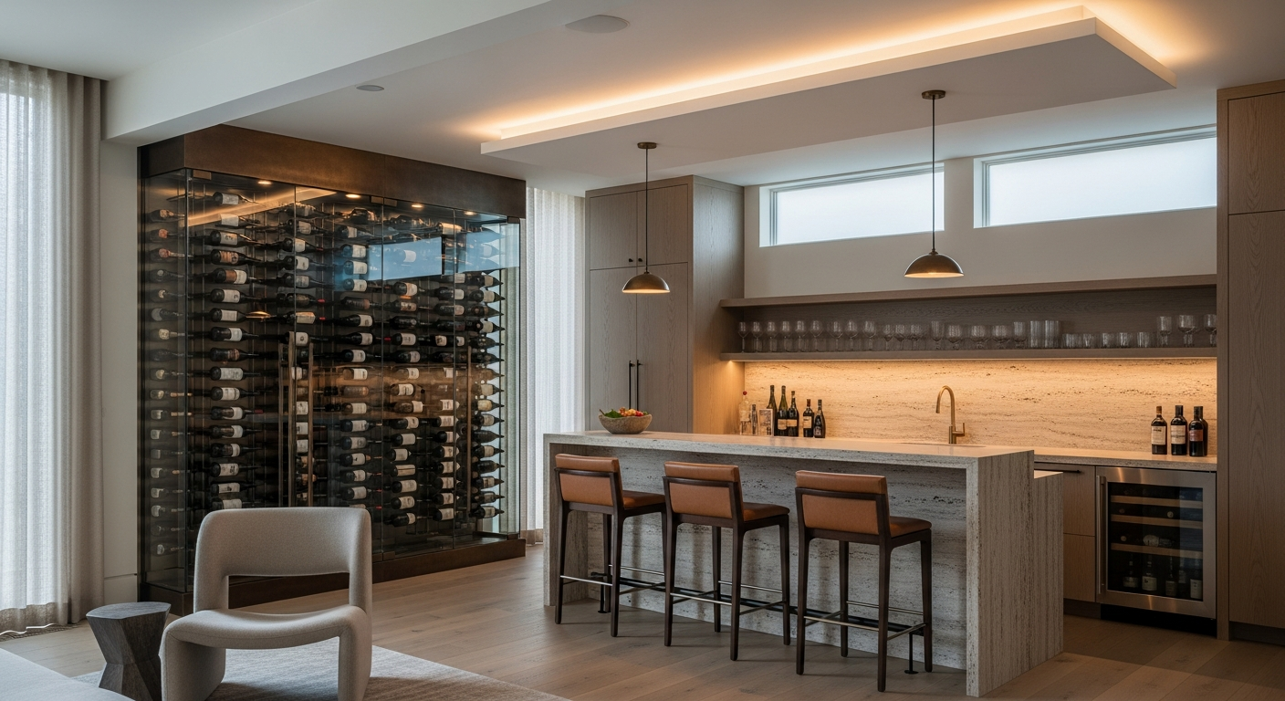 Luxury wine room and bar interior, representative of homes in Denver Country Club Area, Colorado.