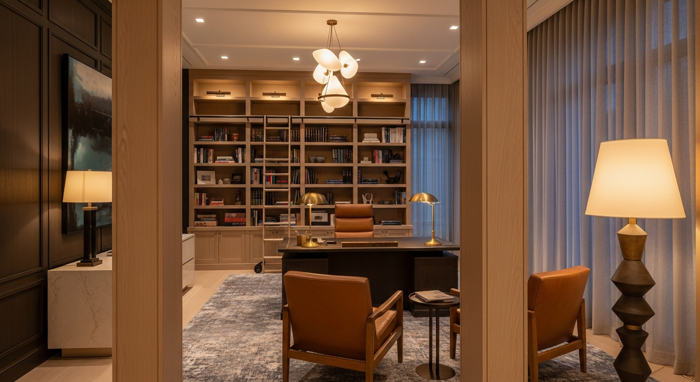 Luxury library and study interior, representative of homes in Washington Park, Colorado.