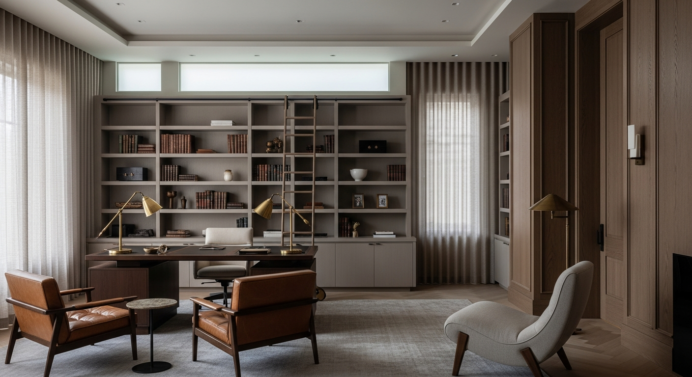 Luxury library and study interior, representative of homes in Evergreen, Colorado.